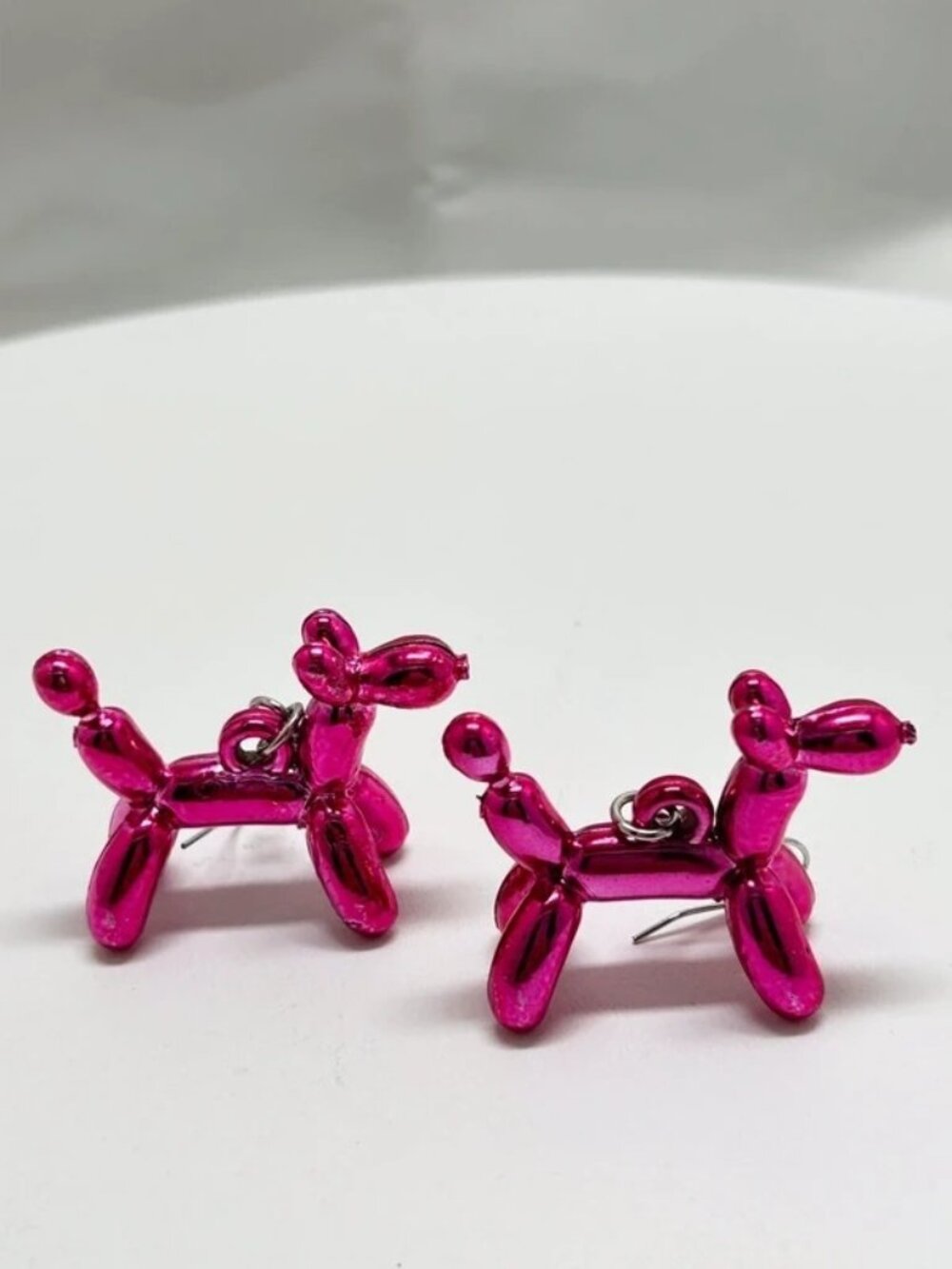 Metallic Pink, Balloon Animal Dog Earrings, Lightweight Fun, Wires